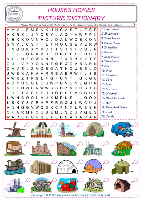 ESL wordsearch worksheets for kids, find Houses Homes words in the word wordsearch write its number on its picture English worksheet. Worksheet Preview