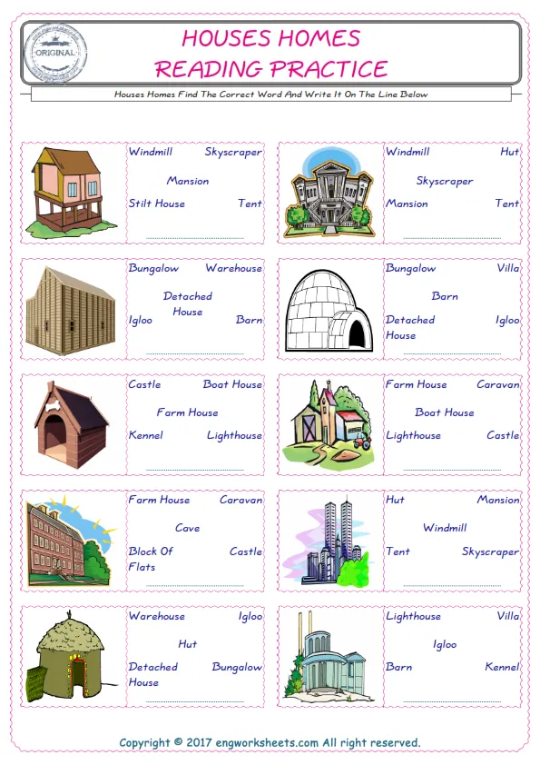 Check the picture of the Houses Homes for kids ESL worksheet for supplying the correct one among five words into the blank place. Worksheet Preview