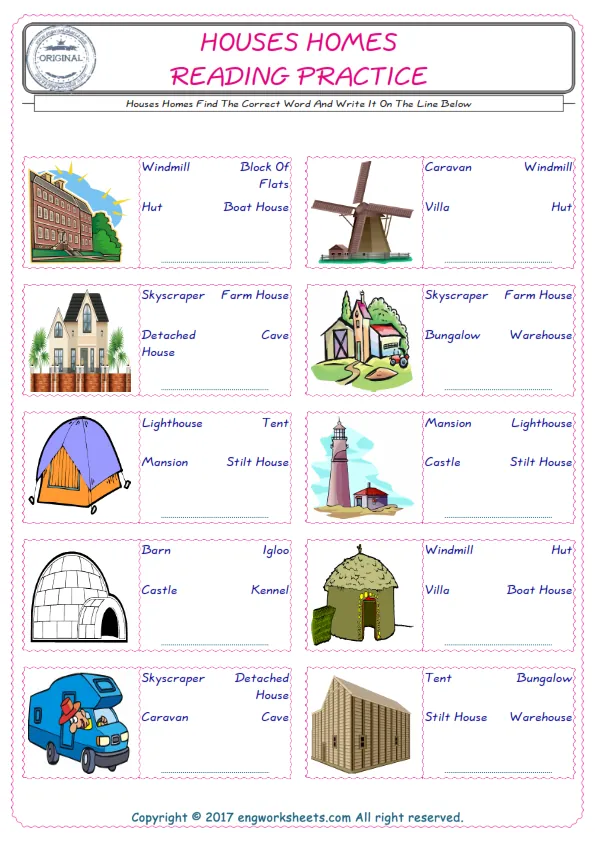Check the picture of the Houses Homes for kids ESL worksheet for supplying the correct one among three words into the blank place. Worksheet Preview