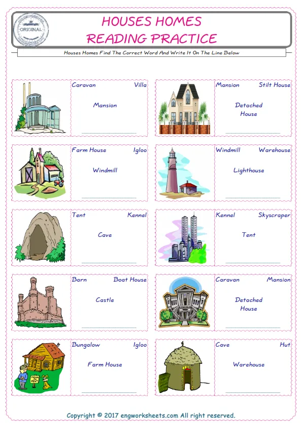Check the picture of the Houses Homes for kids ESL worksheet for supplying the correct one among four words into the blank place. Worksheet Preview