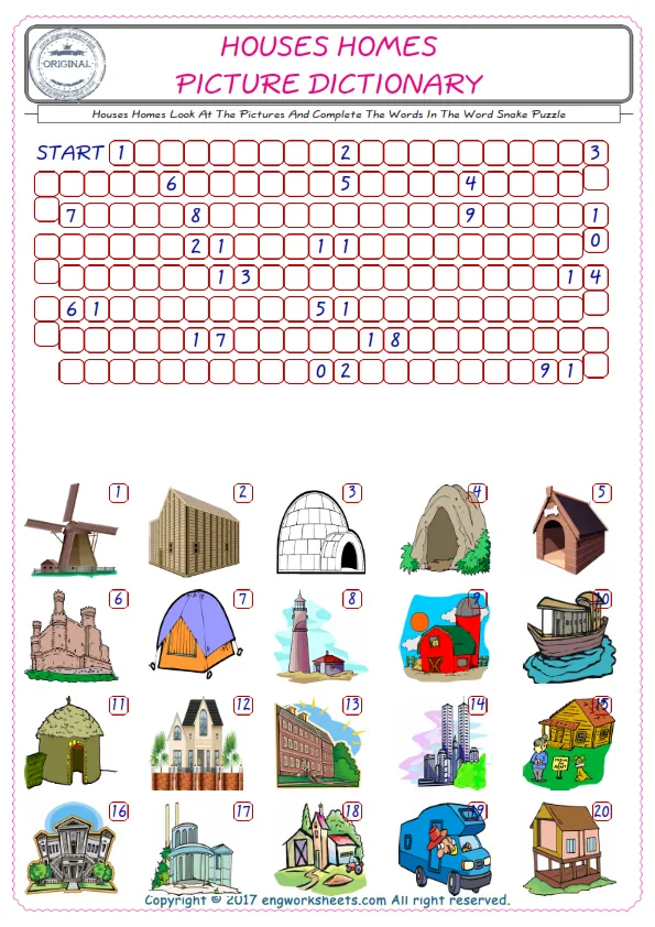 Check the Illustrations of Houses Homes english worksheets for kids, and Supply the Missing Words in the Word Snake Puzzle ESL play. Worksheet Preview