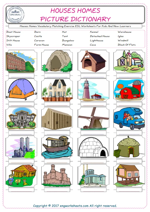 Houses Homes for Kids ESL Word Matching English Exercise Worksheet. Worksheet Preview