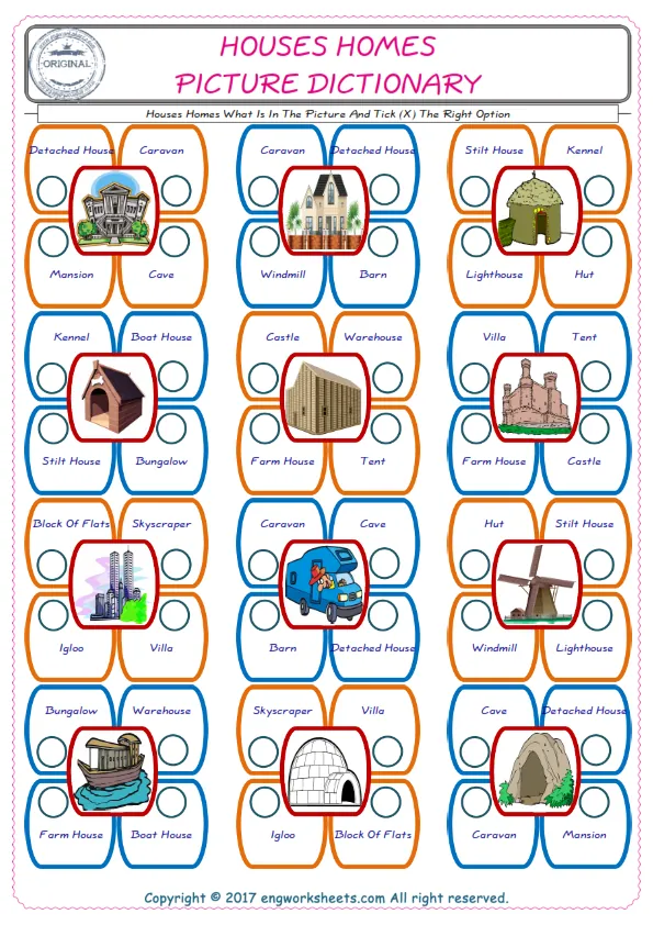 check the picture, mark the correct option amongst the given Houses Homes words English worksheet for kids Worksheet Preview
