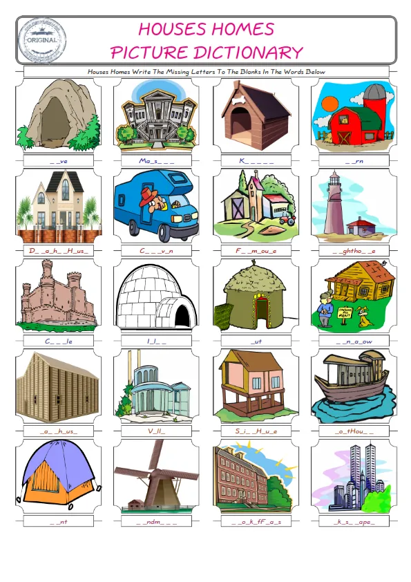 Houses Homes Words English worksheets For kids, the ESL Worksheet for finding and typing the missing letters of Houses Homes Words Worksheet Preview