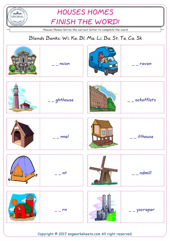 For kids, the Houses Homes English worksheet for supplying into the correct blank place given letters special to the Houses Homes Words. Worksheet Preview