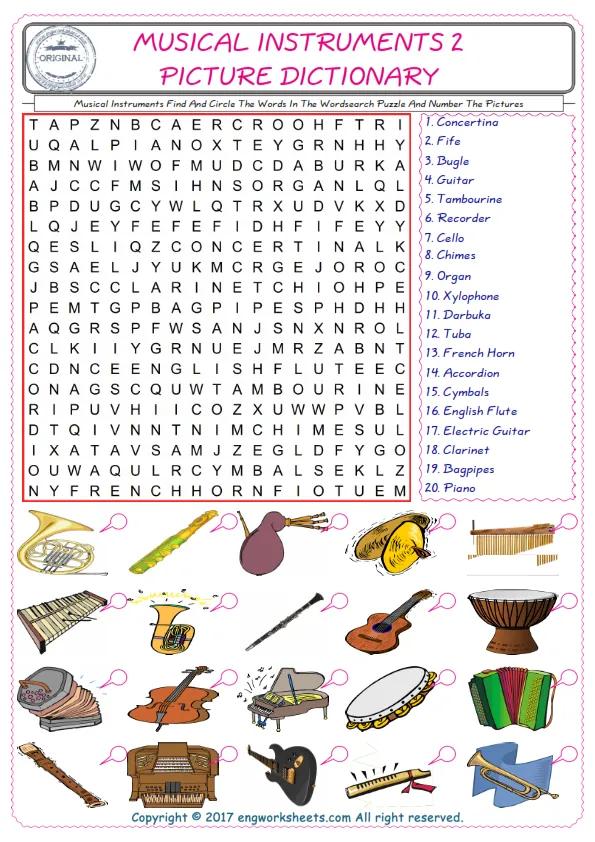 ESL wordsearch worksheets for kids, find Musical Instruments words in the word wordsearch write its number on its picture English worksheet. Worksheet Preview