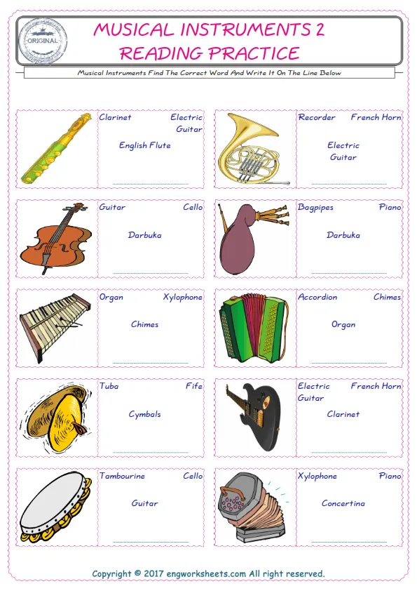 Check the picture of the Musical Instruments for kids ESL worksheet for supplying the correct one among four words into the blank place. Worksheet Preview