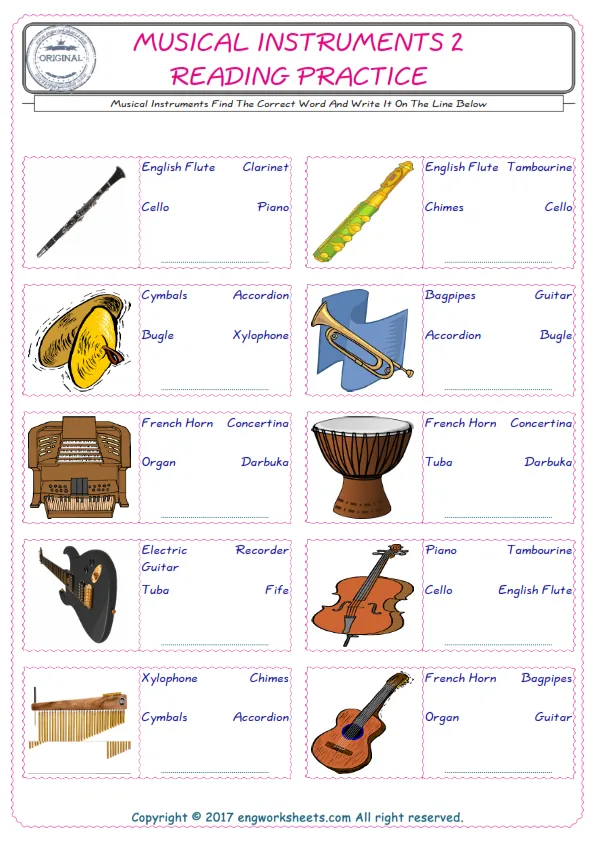 Check the picture of the Musical Instruments for kids ESL worksheet for supplying the correct one among three words into the blank place. Worksheet Preview
