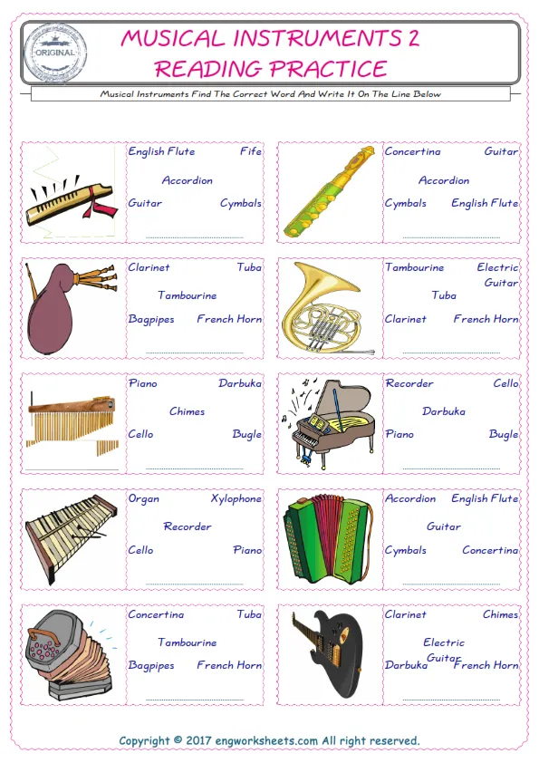 Check the picture of the Musical Instruments for kids ESL worksheet for supplying the correct one among five words into the blank place. Worksheet Preview