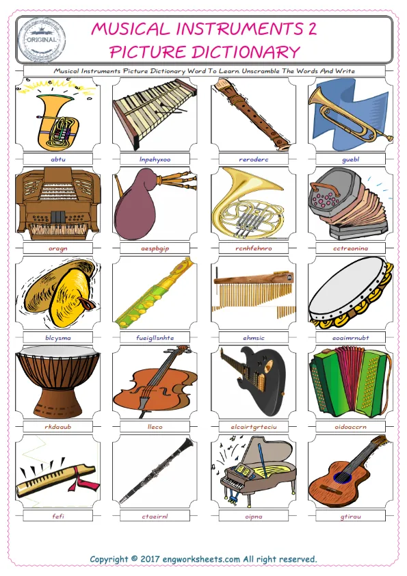 Musical Instruments ESL Worksheets For kids, the exercise worksheet of finding the words given complexly and supplying the correct one. Worksheet Preview