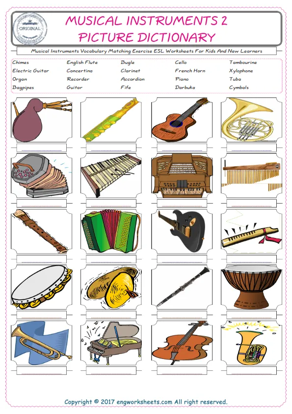 Musical Instruments for Kids ESL Word Matching English Exercise Worksheet. Worksheet Preview