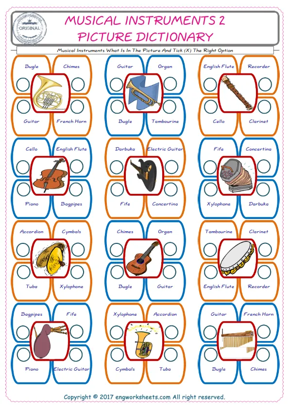 check the picture, mark the correct option amongst the given Musical Instruments words English worksheet for kids Worksheet Preview