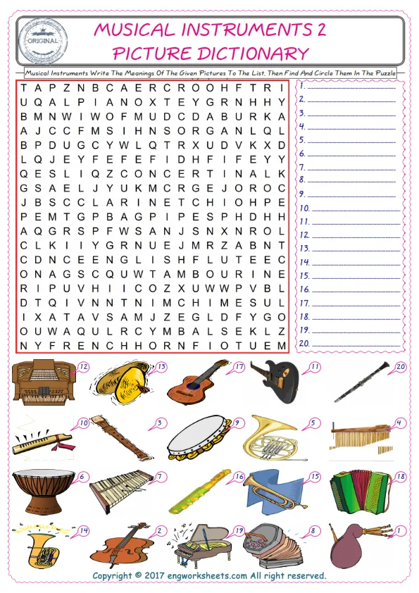 For kids, check the picture of Musical Instruments find, and write the word and find it in the word puzzle ESL printable worksheet. Worksheet Preview