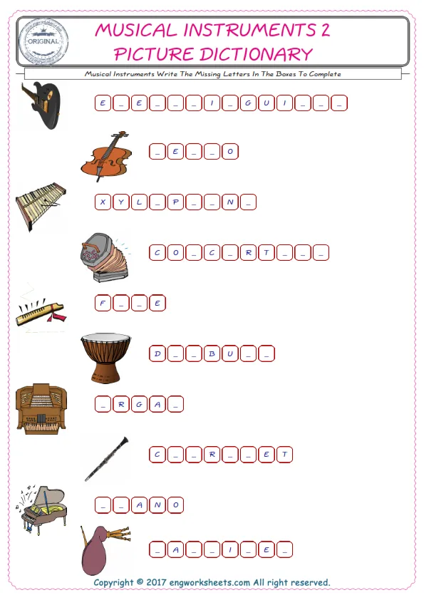Type in the blank and learn the missing letters in the Musical Instruments words given for kids English worksheet. Worksheet Preview