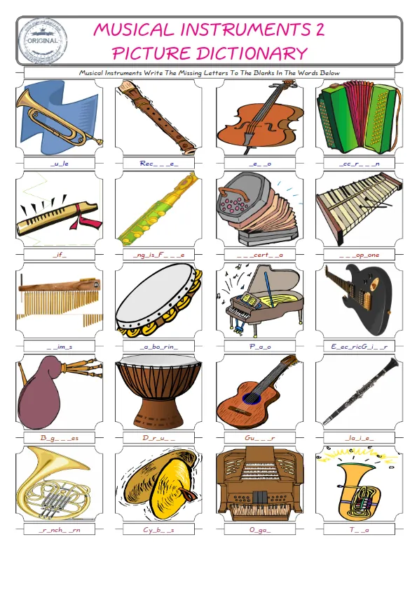 Musical Instruments Words English worksheets For kids, the ESL Worksheet for finding and typing the missing letters of Musical Instruments Words Worksheet Preview