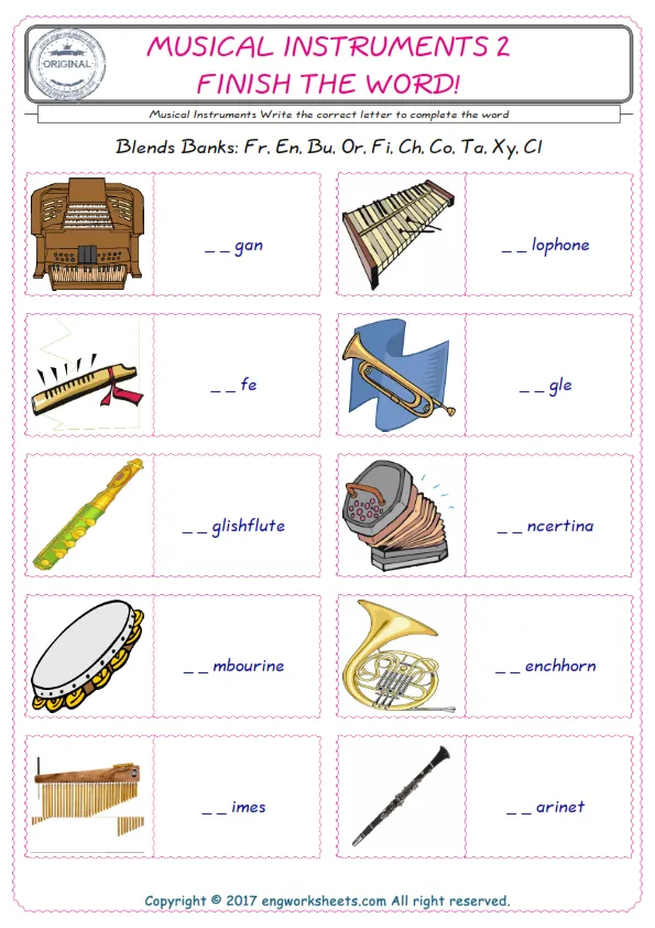 For kids, the Musical Instruments English worksheet for supplying into the correct blank place given letters special to the Musical Instruments Words. Worksheet Preview