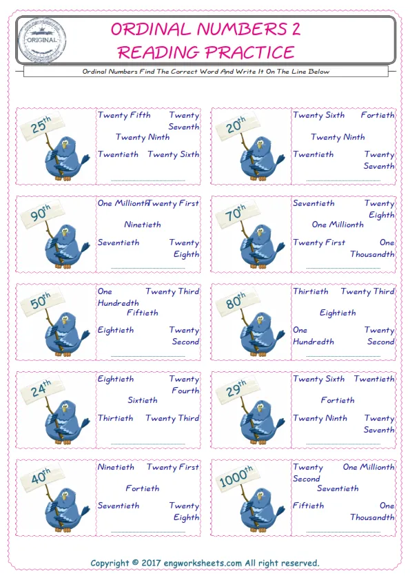 Check the picture of the Ordinal Numbers for kids ESL worksheet for supplying the correct one among five words into the blank place. Worksheet Preview
