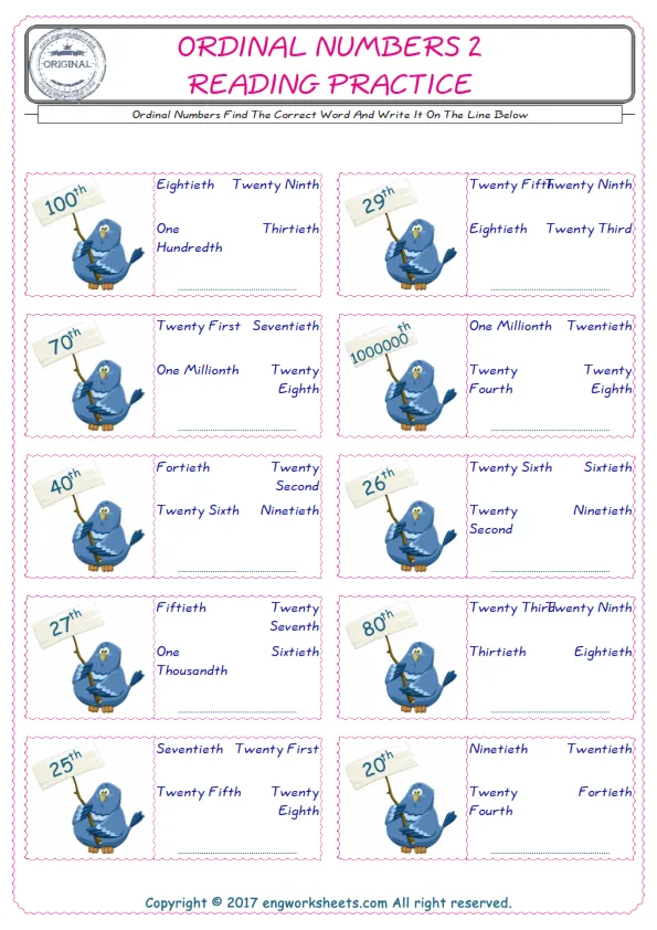 Check the picture of the Ordinal Numbers for kids ESL worksheet for supplying the correct one among three words into the blank place. Worksheet Preview