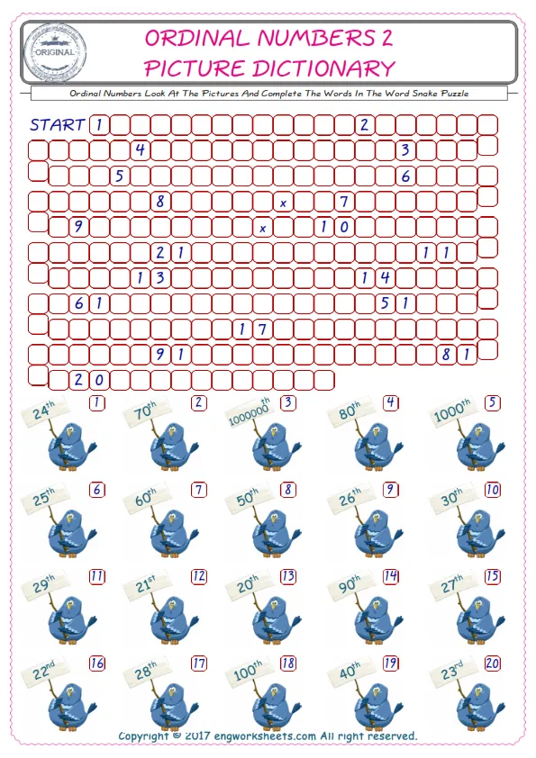 Check the Illustrations of Ordinal Numbers english worksheets for kids, and Supply the Missing Words in the Word Snake Puzzle ESL play. Worksheet Preview