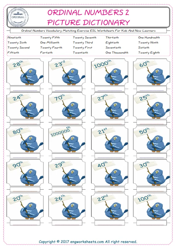 Ordinal Numbers for Kids ESL Word Matching English Exercise Worksheet. Worksheet Preview
