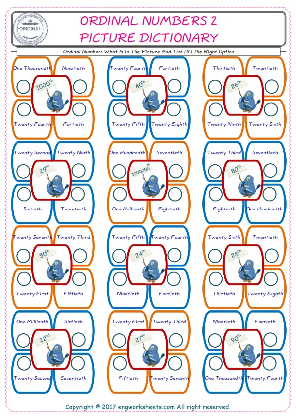 check the picture, mark the correct option amongst the given Ordinal Numbers words English worksheet for kids Worksheet Preview