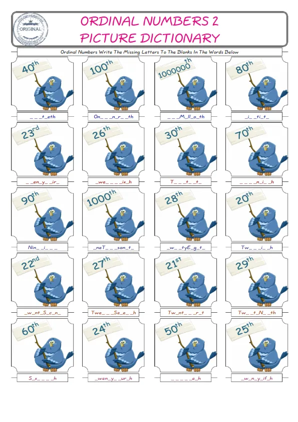Ordinal Numbers Words English worksheets For kids, the ESL Worksheet for finding and typing the missing letters of Ordinal Numbers Words Worksheet Preview