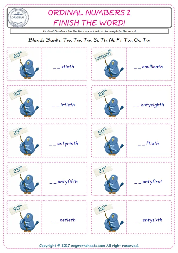 For kids, the Ordinal Numbers English worksheet for supplying into the correct blank place given letters special to the Ordinal Numbers Words. Worksheet Preview