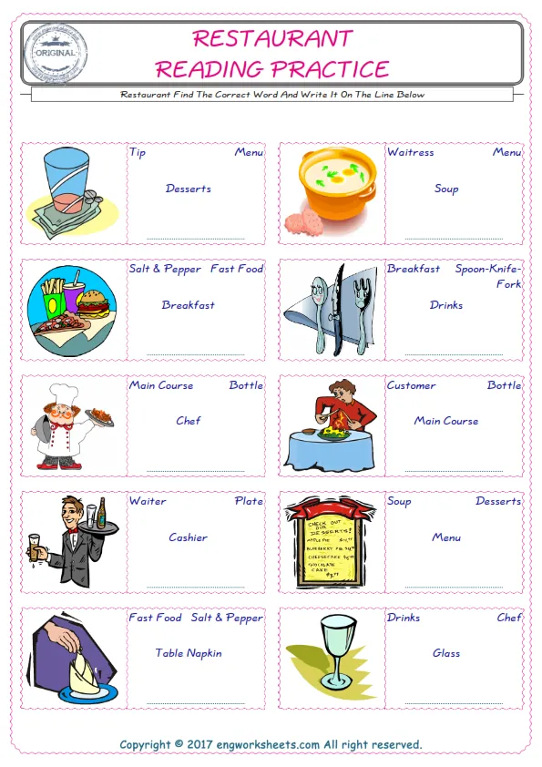 Check the picture of the Restaurant for kids ESL worksheet for supplying the correct one among four words into the blank place. Worksheet Preview