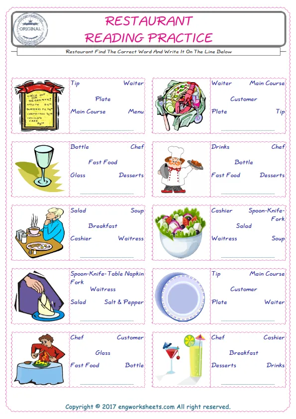 Check the picture of the Restaurant for kids ESL worksheet for supplying the correct one among five words into the blank place. Worksheet Preview