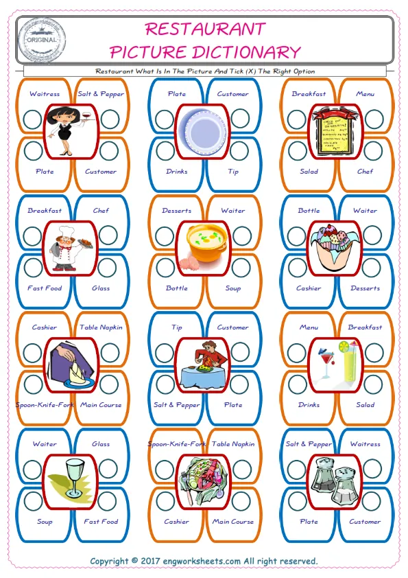 check the picture, mark the correct option amongst the given Restaurant words English worksheet for kids Worksheet Preview
