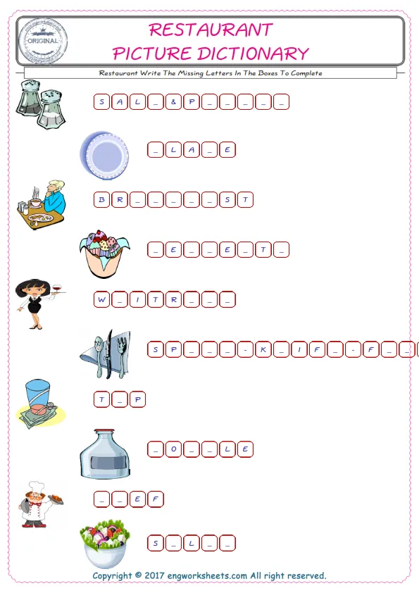 Type in the blank and learn the missing letters in the Restaurant words given for kids English worksheet. Worksheet Preview