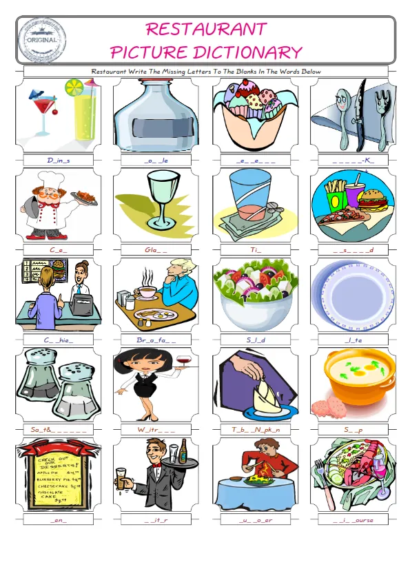 Restaurant Words English worksheets For kids, the ESL Worksheet for finding and typing the missing letters of Restaurant Words Worksheet Preview
