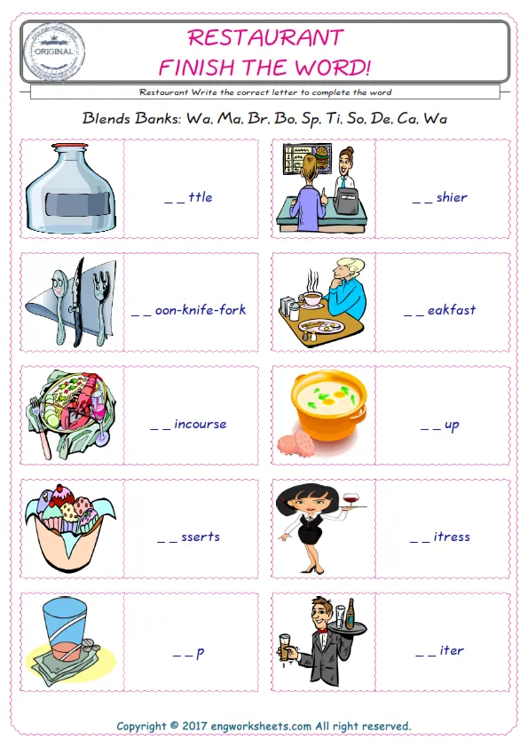 For kids, the Restaurant English worksheet for supplying into the correct blank place given letters special to the Restaurant Words. Worksheet Preview