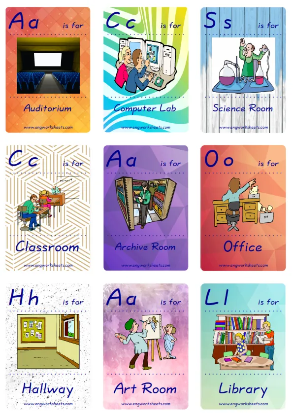 Mini size ESL Flashcard School Parts for kids and teachers. Worksheet Preview