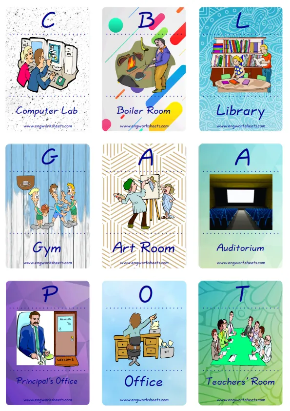 Mini size enjoyable ESL Flashcard School Parts for kids and teachers. Worksheet Preview