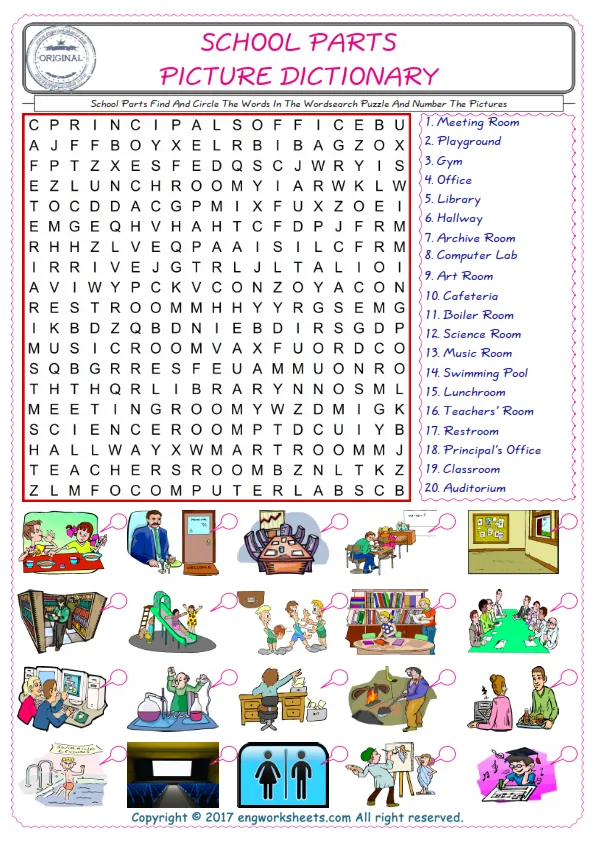 ESL wordsearch worksheets for kids, find School Parts words in the word wordsearch write its number on its picture English worksheet. Worksheet Preview
