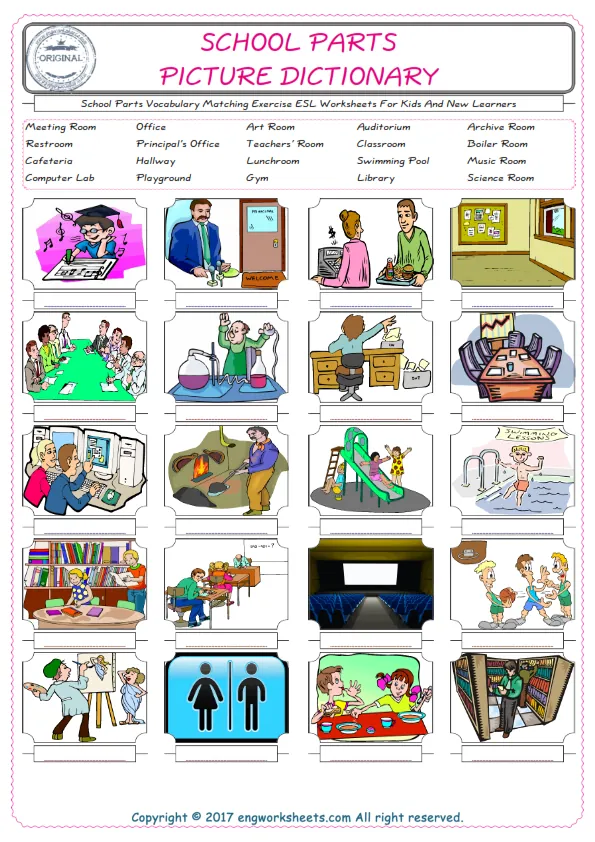 School Parts for Kids ESL Word Matching English Exercise Worksheet. Worksheet Preview