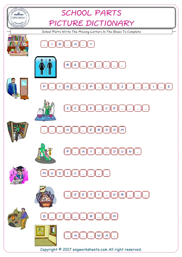 Type in the blank and learn the missing letters in the School Parts words given for kids English worksheet. Worksheet Preview