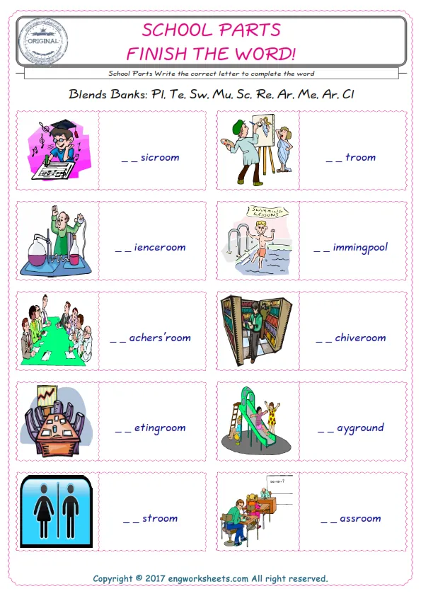 For kids, the School Parts English worksheet for supplying into the correct blank place given letters special to the School Parts Words. Worksheet Preview