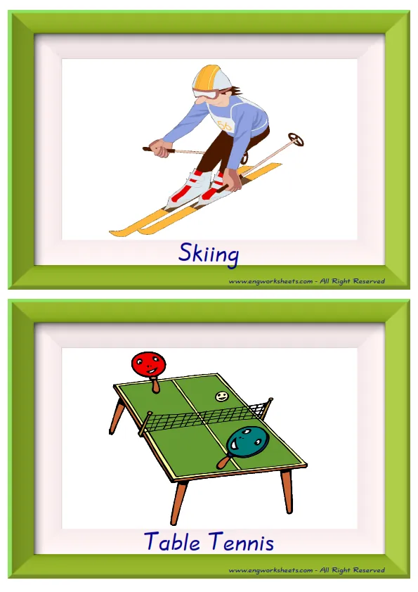 Half page ESL Flashcard together with words containing Sports picture for kids and teachers. Worksheet Preview