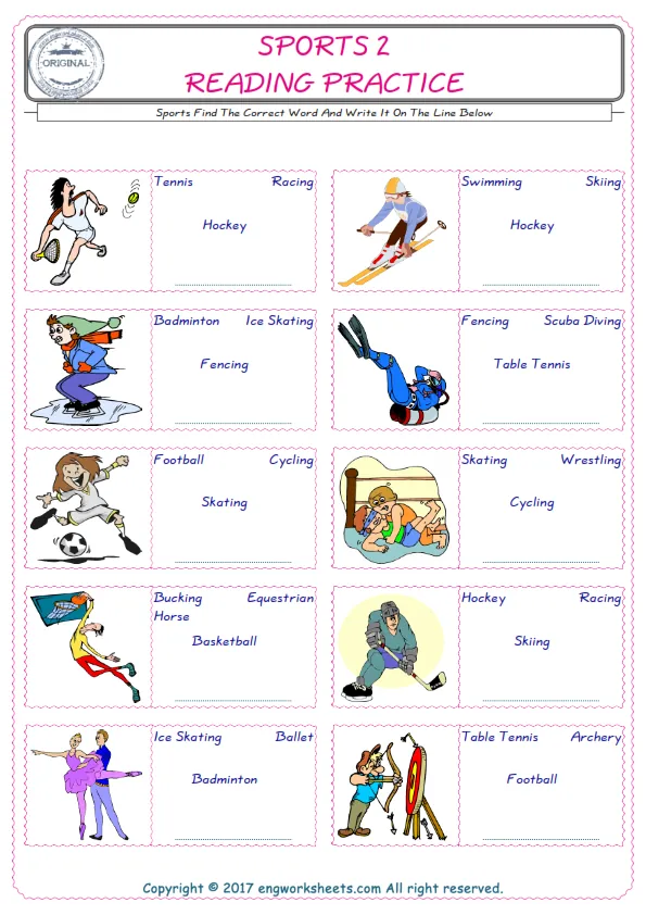 Check the picture of the Sports for kids ESL worksheet for supplying the correct one among four words into the blank place. Worksheet Preview