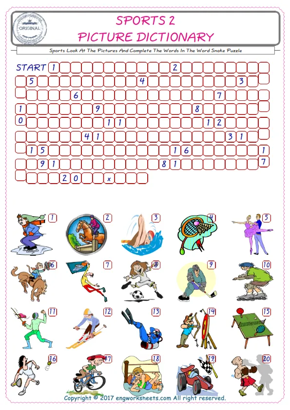 Check the Illustrations of Sports english worksheets for kids, and Supply the Missing Words in the Word Snake Puzzle ESL play. Worksheet Preview