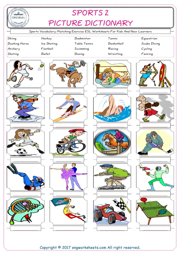 Sports for Kids ESL Word Matching English Exercise Worksheet. Worksheet Preview