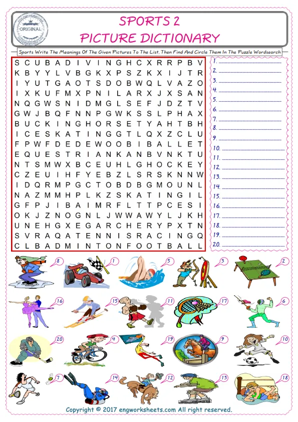For kids, check the picture of Sports find, and write the word and find it in the word puzzle ESL printable worksheet. Worksheet Preview