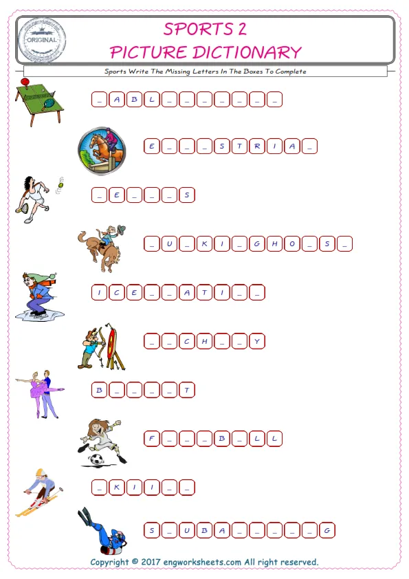 Type in the blank and learn the missing letters in the Sports words given for kids English worksheet. Worksheet Preview