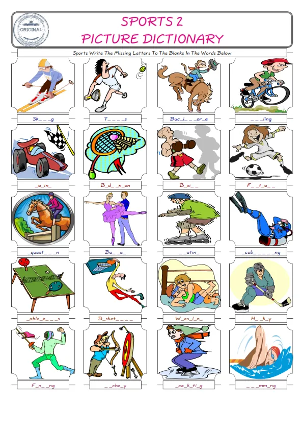 Sports Words English worksheets For kids, the ESL Worksheet for finding and typing the missing letters of Sports Words Worksheet Preview