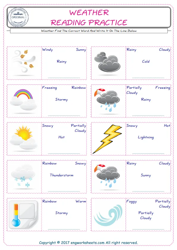 Check the picture of the Weather for kids ESL worksheet for supplying the correct one among four words into the blank place. Worksheet Preview