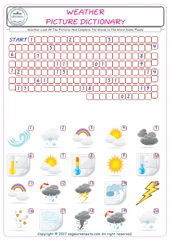 Check the Illustrations of Weather english worksheets for kids, and Supply the Missing Words in the Word Snake Puzzle ESL play. Worksheet Preview