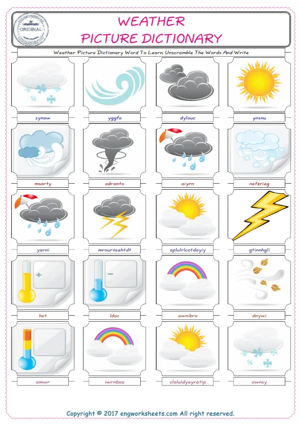 Weather ESL Worksheets For kids, the exercise worksheet of finding the words given complexly and supplying the correct one. Worksheet Preview