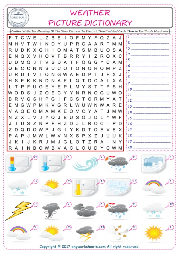 For kids, check the picture of Weather find, and write the word and find it in the word puzzle ESL printable worksheet. Worksheet Preview